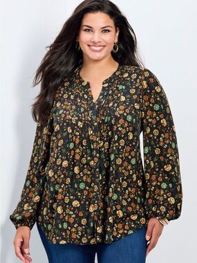 Avenue Plus Size Black Floral Pintuck Peasant Blouse